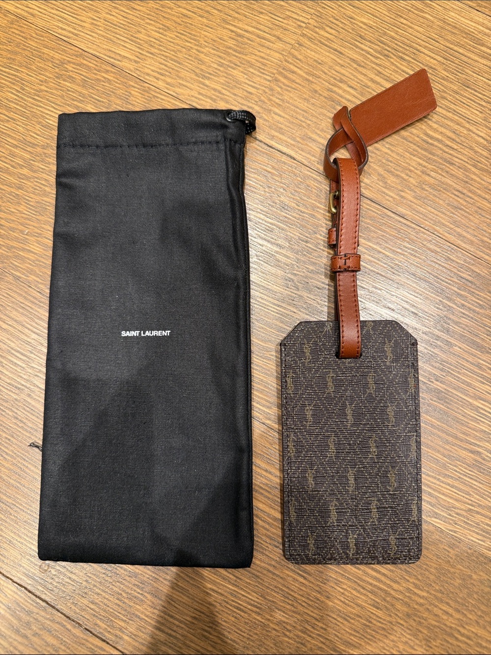 New Saint Laurent Brown Monogram Luggage Tag with Tan Strap